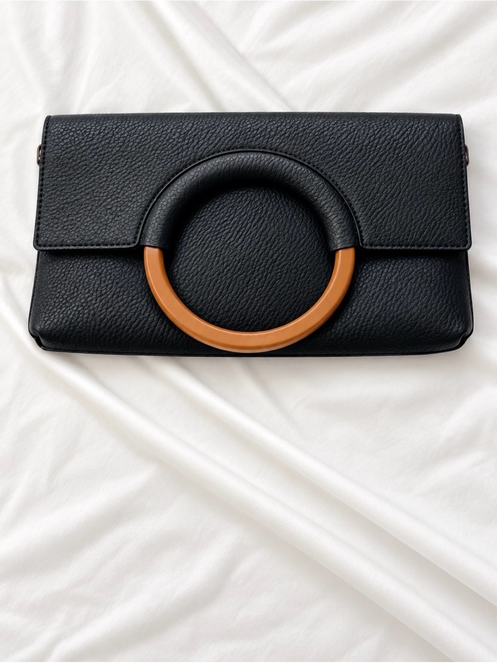 Black Leather Clutch with Tan Circular Accent